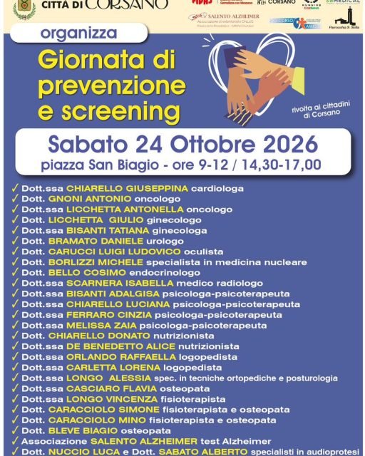 Vi ASPETTIAMO DOMANI !!!

💙 FonUdito partecipa alla 𝗚𝗶𝗼𝗿𝗻𝗮𝘁𝗮 𝗱𝗶 𝗣𝗿𝗲𝘃𝗲𝗻𝘇𝗶𝗼𝗻𝗲 𝗮 𝗖𝗼𝗿𝘀𝗮𝗻𝗼!
La prevenzione è un'occasione importante per prendersi cura della propria salute. Per questo, 𝘀𝗮𝗯𝗮𝘁𝗼 𝟮𝟰 𝗼𝘁𝘁𝗼𝗯𝗿𝗲, saremo presenti alla Giornata di Prevenzione e Screening Gratuiti organizzata da Città di Corsano, insieme alle associazioni e ai professionisti del territorio.

📅 Sabato 24 ottobre 2026 
📍 Piazza San Biagio, Corsano 
🕘 Dalle 9:00 alle 12:00 e dalle 14:30 alle 17:00

Per FonUdito saranno presenti il 𝗗𝗼𝘁𝘁. 𝗟𝘂𝗰𝗮 𝗡𝘂𝗰𝗰𝗶𝗼 e il 𝗗𝗼𝘁𝘁. 𝗔𝗹𝗯𝗲𝗿𝘁𝗼 𝗦𝗮𝗯𝗮𝘁𝗼, a disposizione dei cittadini per promuovere la prevenzione dell'udito e sensibilizzare sull'importanza di prendersi cura della propria capacità di ascolto.
Sarà un'occasione per ricevere informazioni e dedicare un momento al proprio benessere, con la possibilità di accedere agli screening gratuiti previsti dall'iniziativa.

📌 Le prenotazioni per gli screening si effettueranno direttamente sul posto, nella giornata di sabato. 

Vi aspettiamo 💙
